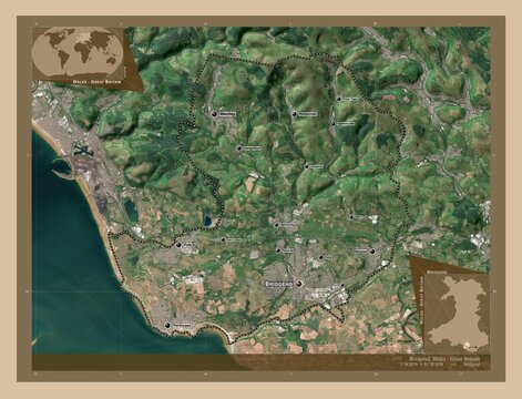 Bridgend, Wales - Great Britain. Low-res satellite. Labelled points of cities