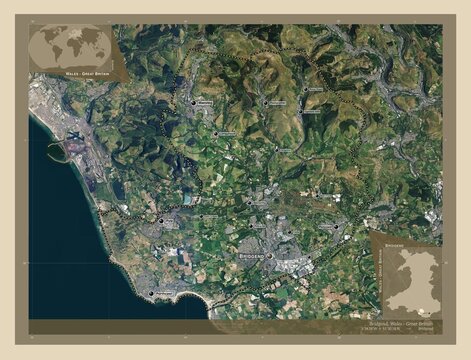 Bridgend, Wales - Great Britain. High-res satellite. Labelled points of cities