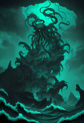 A Cthulhu-like monster with tentacles rising from the sea. At night in the storm. From the Cosmic Horror universe by H. P. Lovecraft. Concept art, drawing, generative ai generative ki, - 592674908