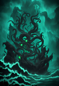 A Cthulhu-like monster with tentacles rising from the sea. At night in the storm. From the Cosmic Horror universe by H. P. Lovecraft. Concept art, drawing, generative ai generative ki,