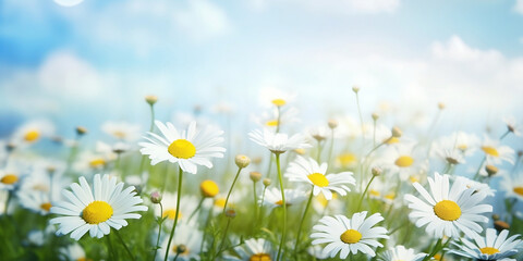 Fototapeta na wymiar Beautiful blurred spring floral nature with blooming glade of daisies on sunny day generated by AI.