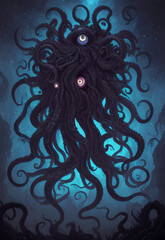 A Cthulhu-like monster with tentacles rising from the sea. At night in the storm. From the Cosmic Horror universe by H. P. Lovecraft. Concept art, drawing, generative ai generative ki, - 592675196