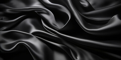 Fototapeta premium Black silk satin fabric wave or silk wavy folds generated by AI. 