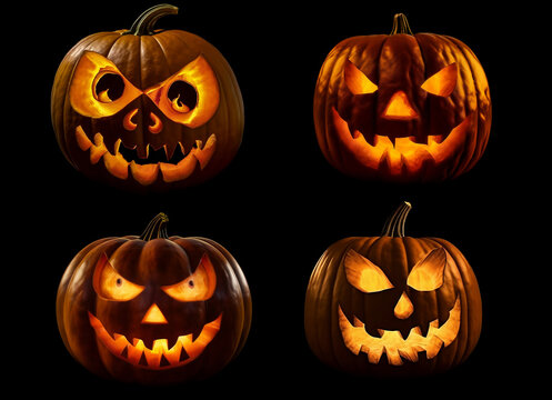 spooky Halloween pumpkins Jack O Lantern, with an evil face and eyes isolated on black generated by AI