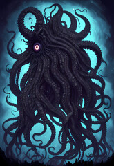 A Cthulhu-like monster with tentacles rising from the sea. At night in the storm. From the Cosmic Horror universe by H. P. Lovecraft. Concept art, drawing, generative ai generative ki, - 592675318