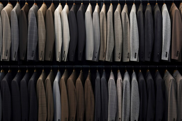 Fototapeta premium Rows of men's suit jackets in closet generated by AI.