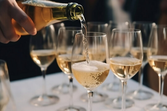 Close up Pouring champagne into wine glasses, a wedding party generated by AI.