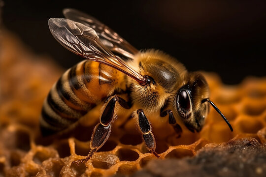 Macro Bee on a honeycomb in a hive. Detailed macro image of a bee collecting honey in a beehive generated by AI.