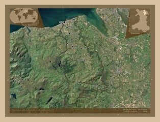 Denbighshire, Wales - Great Britain. Low-res satellite. Labelled points of cities