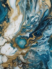 Blue and Gold Ebru Marble Painting Background. Artistic Creative Wallpaper Texture. Ai generative