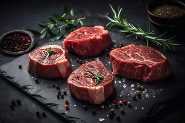 Raw steak on a slate raw steaks on a dark shale background. Slice of meat with salt, pepper and herbs generated by AI
