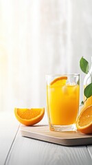 Fototapeta premium Glass of Homemade Orange juice with sliced fruits. Generative AI