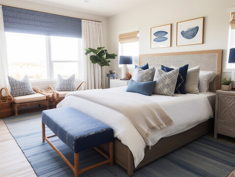 A Beach House Bedroom with Blue and White Design Elements | Generative AI