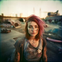 Fototapeta na wymiar Generative ai portrait young woman survivor distopic future smiling confident