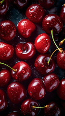 Fresh Cherries background, adorned with glistening droplets of water, top down view.