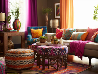 A Global Inspired Living Room with Bright Ethnic Textiles | Generative AI