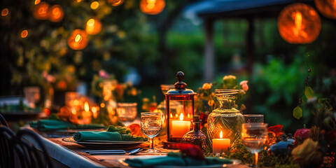 A romantic, elegant outdoor dining setup, offering a magical and ambient gourmet experience