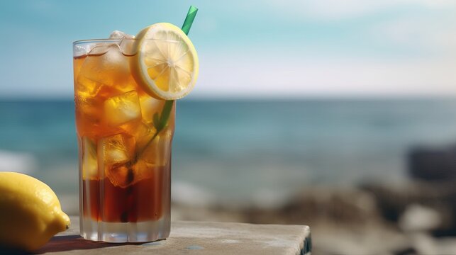 Homemade Iced tea with lemon slices, summer drinks. Generative AI