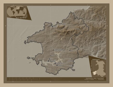 Pembrokeshire, Wales - Great Britain. Sepia. Labelled points of cities