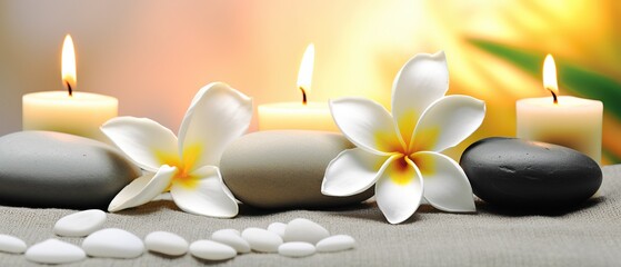 spa composition on massage with Soft White Towels, Essential Oils, flower, Candles, and Relaxation. Generative AI	