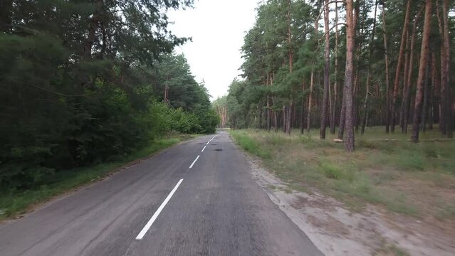 Flight and takeoff over an old road in a pine forest