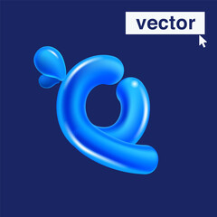 Q letter logo made of blue clear water and dew drops. 3D realistic plastic cartoon balloon style. Glossy vector illustration.