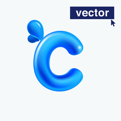 C letter logo made of blue clear water and dew drops. 3D realistic plastic cartoon balloon style. Glossy vector illustration.