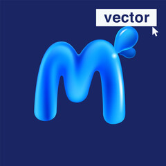 M letter logo made of blue clear water and dew drops. 3D realistic plastic cartoon balloon style. Glossy vector illustration.