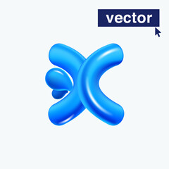 X letter logo made of blue clear water and dew drops. 3D realistic plastic cartoon balloon style. Glossy vector illustration.