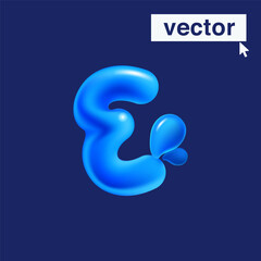 E letter logo made of blue clear water and dew drops. 3D realistic plastic cartoon balloon style. Glossy vector illustration.