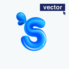 Fototapeta premium S letter logo made of blue clear water and dew drops. 3D realistic plastic cartoon balloon style. Glossy vector illustration.