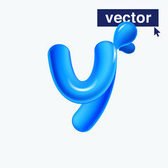 Y letter logo made of blue clear water and dew drops. 3D realistic plastic cartoon balloon style. Glossy vector illustration.