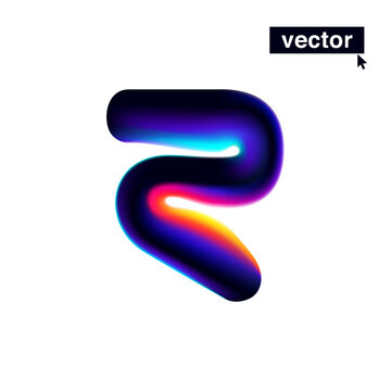 R letter logo with neon glitch. Multicolor gradient sign with double exposure and illusion effect. Glowing color shift vector icon.