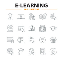 E-learning editable stroke outline vector icons set , online education, distance learning, streaming video, digital courses, educational website, digital education, and business training.