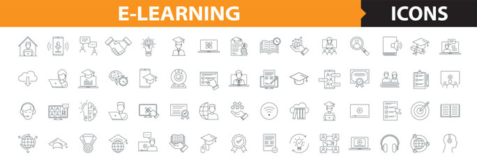 E-learning editable stroke outline vector icons set , online education, distance learning, streaming video, digital courses, educational website, digital education, and business training.