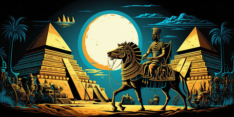 Fantasy theme of ancient Egypt, ancient colosseum, spartans, ancient massons, pyramids. Selective focus with excessive noise,compression artifacts and film grain filter. Generative AI	