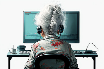 Old woman work with computer, generated AI tools