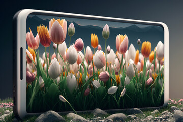 Smartphone display with tulips field, created with generative AI tools	
