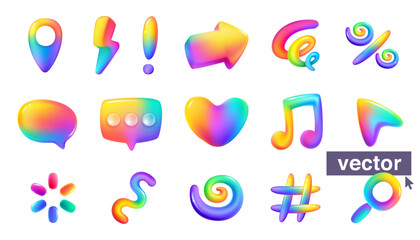 Speech, location, spiral, note, lightning, arrow, exclamation, loading, lupe, heart rainbow icons.