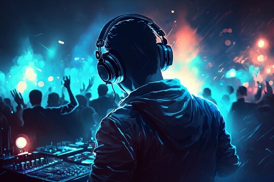 DJ with Headphones Spinning at Nightclub Party with a Blue and Rose Light and a Crowd of People in the Background. AI