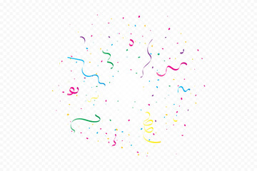 Explosion Colorful Confetti And Ribbon Falling On Transparent Background. Celebration Event, Happy Birthday. Vector illustration