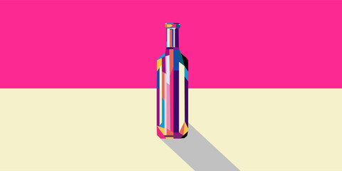 Multicolored wine bottle in cubism style on pink background in minimal style.
