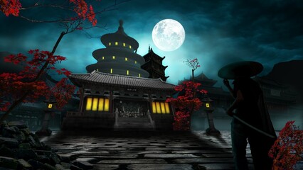 A brave samurai of a castle under the light of full moon in a misty night