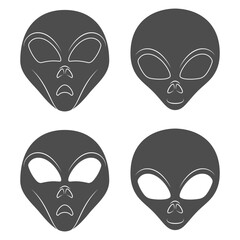 Set of black and white illustration with alien face. Isolated vector object on white background.