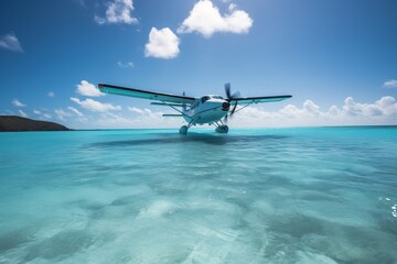 Fototapeta na wymiar Hydroplane Landing in Turquoise Water