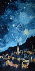 A breathtakingly vibrant and expressive illustration of a starry night sky over a tranquil village