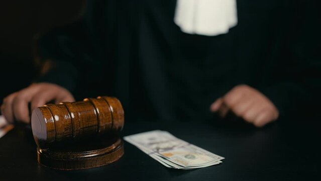 Corruption in court, judge counting money and striking gavel, flawed system