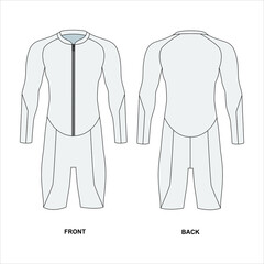 Technical drawing of a men's suit for triathlon, cycling, diving. Cycling jersey with front zip. Triathlon suit, front and back view. Outline drawing of a male wetsuit, vector.
