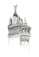 Hand-drawn Sketch of the Makkah Clock Tower. Illustration. Architecture
