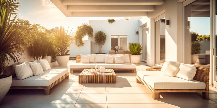 A Modern, Sophisticated Outdoor Lounge Area Offering Chic Comfort And Breezy Relaxation During A Luxurious Summer Retreat